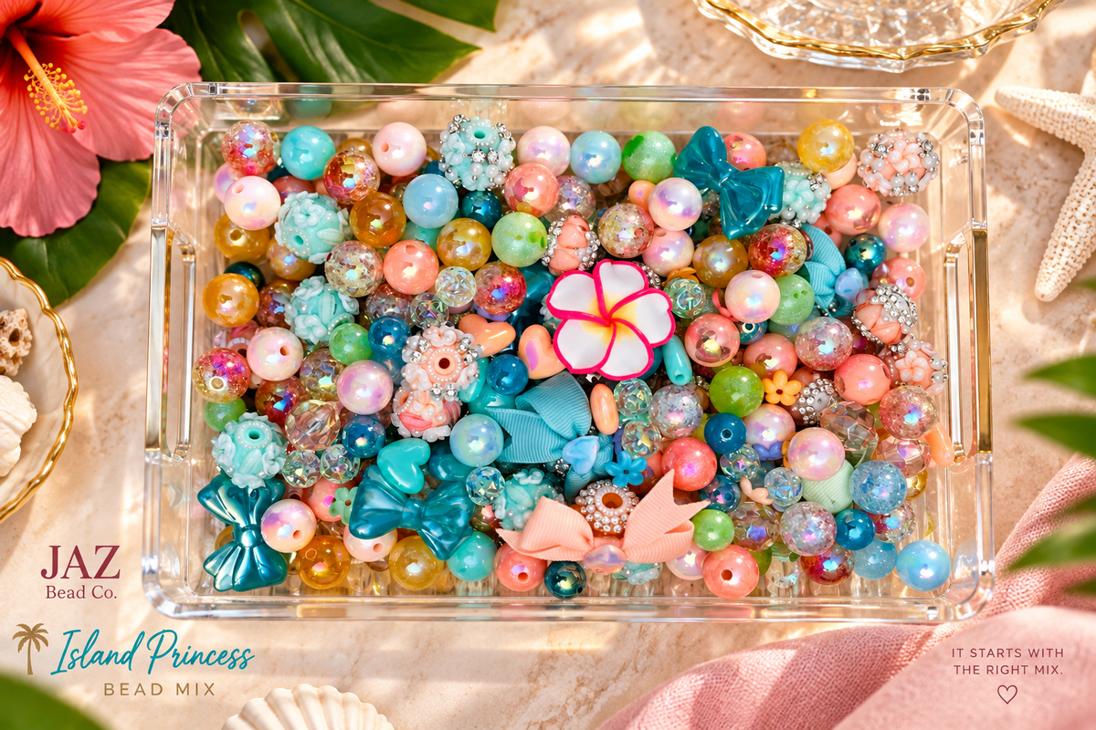 Island Princess tropical bead mix spilling from jar with colorful craft beads and floral accents