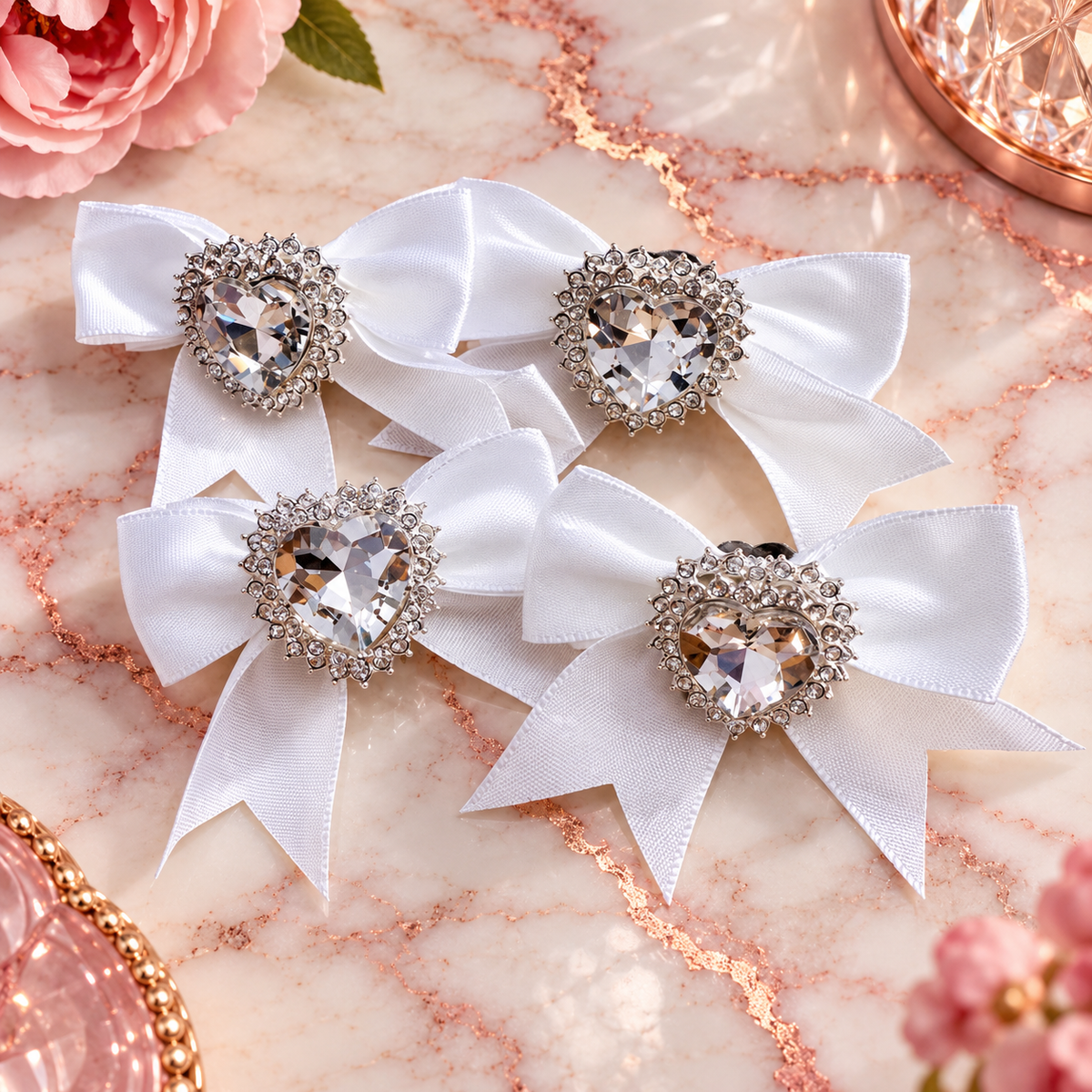 White Satin Crystal Heart Bow