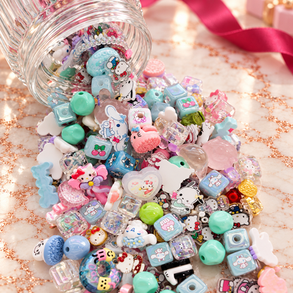JAZ Bead Co. Mega Mix spilling from a clear jar with colorful character-inspired focal beads, pastel cubes, mint rounds, hearts, novelty shapes, transparent pieces and playful specialty accents.