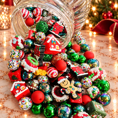 Close-up of Christmas Mix showing red, green, white and iridescent beads with peppermint stripes, multicolored Christmas-light patterns, decorated house and holiday character focal pieces, beaded wreath-like shapes, sparkling red accents, glossy green rounds, a red bow and a gingerbread character detail.