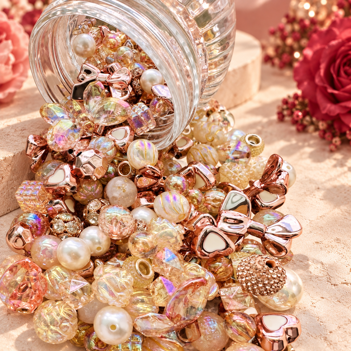 Rose Gold bead mix spilling from a clear jar, showing metallic rose-gold bows, creamy pearls, champagne transparent beads, iridescent rounds, faceted shapes and textured metallic accents in a romantic floral setting.