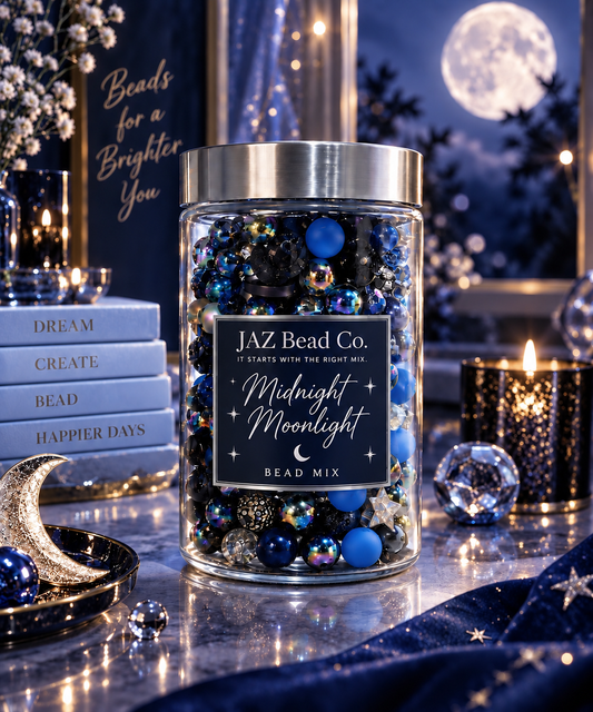 JAZ Bead Co. Midnight Moonlight bead mix in a clear jar, featuring deep blue, black, iridescent and silver beads with moon and star accents in a moonlit setting.