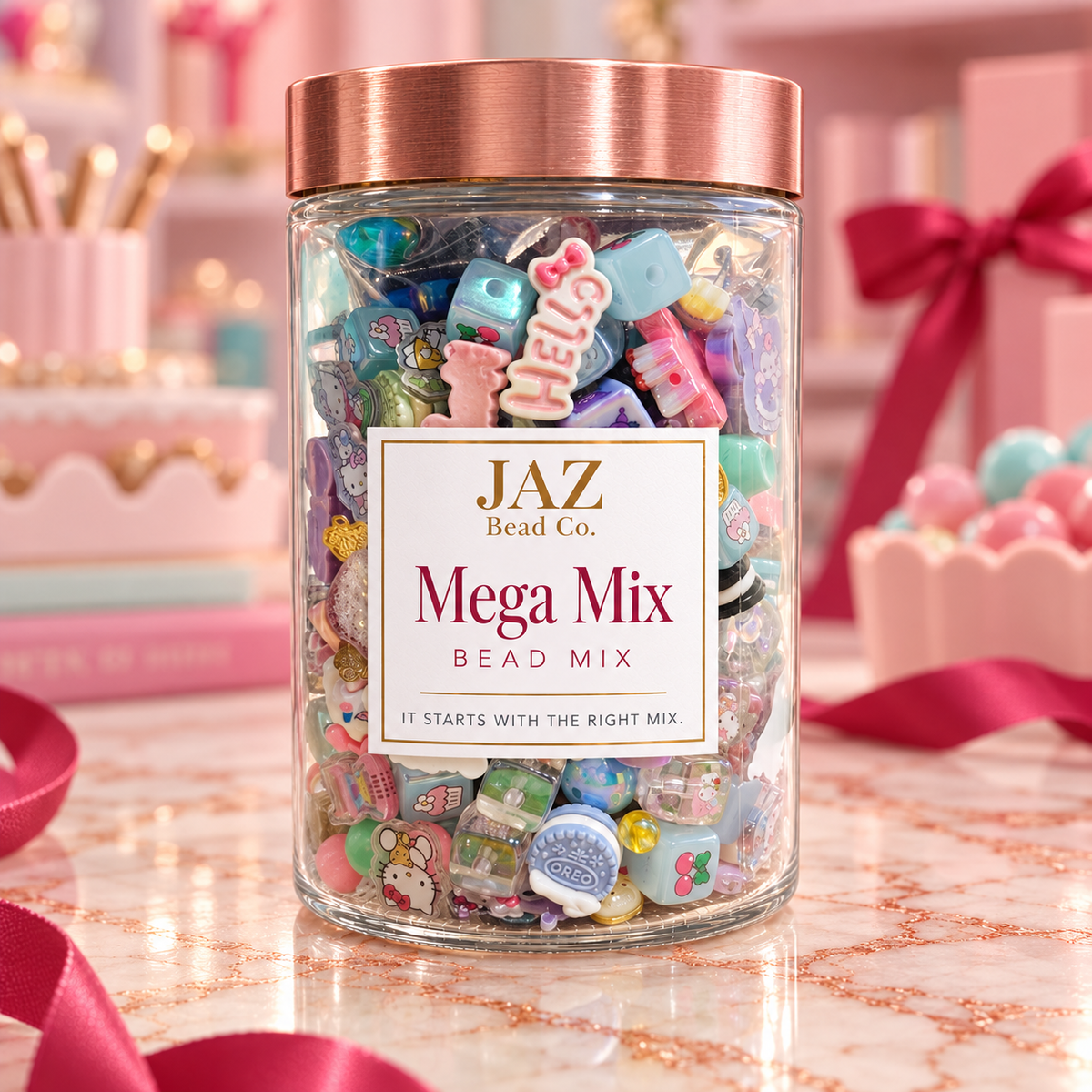 JAZ Bead Co. Mega Mix in a clear jar with rose-gold lid, filled with colorful character-inspired focal beads, pastel cubes, novelty shapes and transparent accents in a playful pink setting.