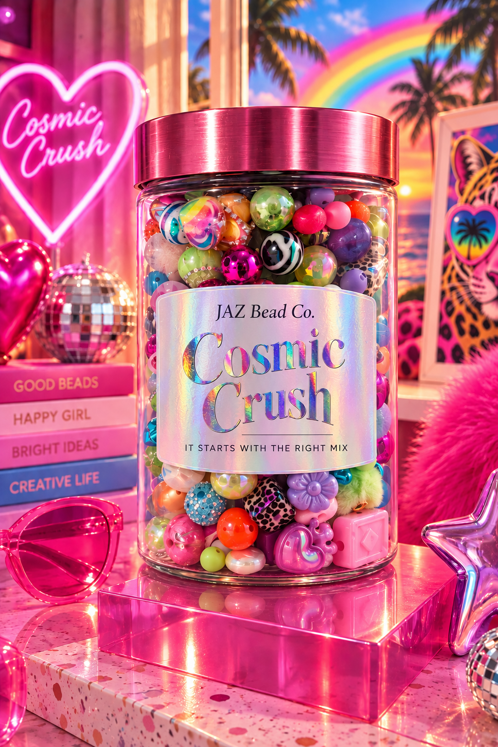 Clear JAZ Bead Co. jar of Cosmic Crush beads with a metallic pink lid, filled with bright pink, purple, aqua, lime, orange and rainbow beads in glossy, patterned and iridescent finishes, displayed in a colorful retro tropical setting.