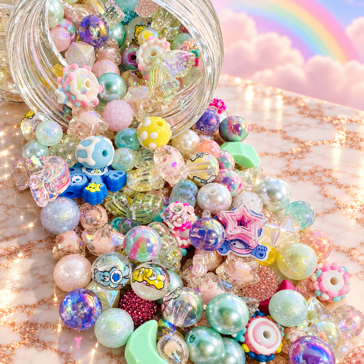 Care Buddies bead mix spilling from a clear jar onto a rose-gold marble surface, showing pastel pearl and iridescent beads, transparent shapes, stars, flowers, moons, colorful focal pieces and whimsical character-inspired details against a soft rainbow and cloud background.
