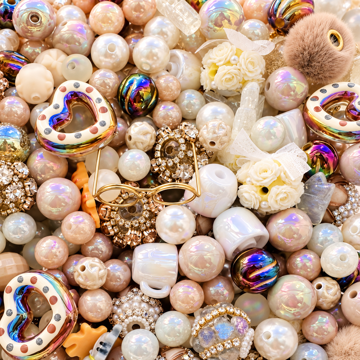 Close-up of Memaw’s Pearls bead mix showing lustrous pearls, soft neutral and iridescent beads, gold eyeglasses, teacups, floral beads, hearts and textured accents.