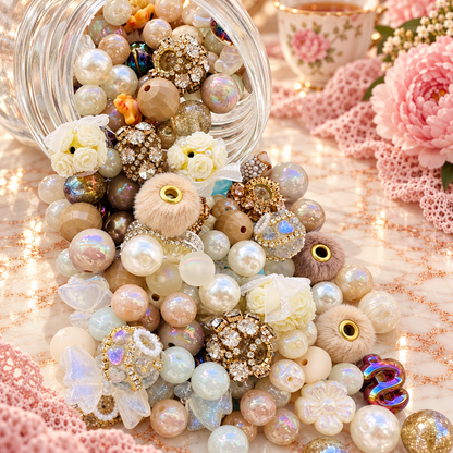 Memaw’s Pearls bead mix spilling from a clear jar, revealing cream and blush pearls, neutral beads, floral focals, fuzzy textures, sparkling gold embellishments and iridescent accents.