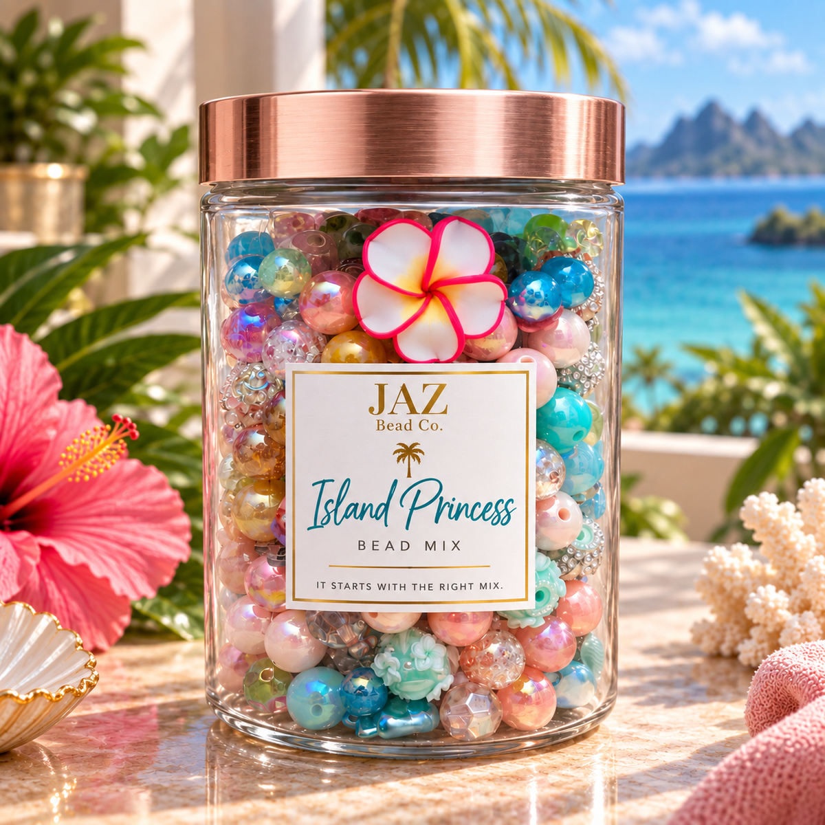 Island Princess tropical curated bead mix in jar with aqua pink coral and colorful craft beads