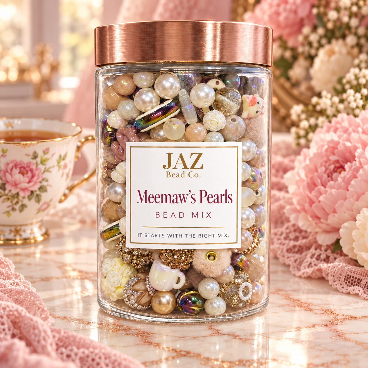 JAZ Bead Co. Memaw’s Pearls bead mix in a clear jar, featuring cream, blush, taupe and pearl beads with floral, gold and iridescent accents in a cozy tea-inspired setting.