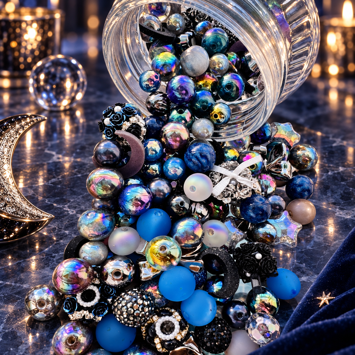Close-up of Midnight Moonlight bead mix showing glossy and matte blue beads, black rose focals, silver bows, crystal stars, rhinestone beads and luminous iridescent finishes.