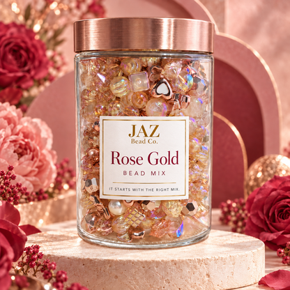 JAZ Bead Co. Rose Gold bead mix in a clear jar with a rose-gold metallic lid, filled with rose-gold bows, champagne iridescent beads, creamy pearls and faceted accents, displayed among blush and deep rose flowers.