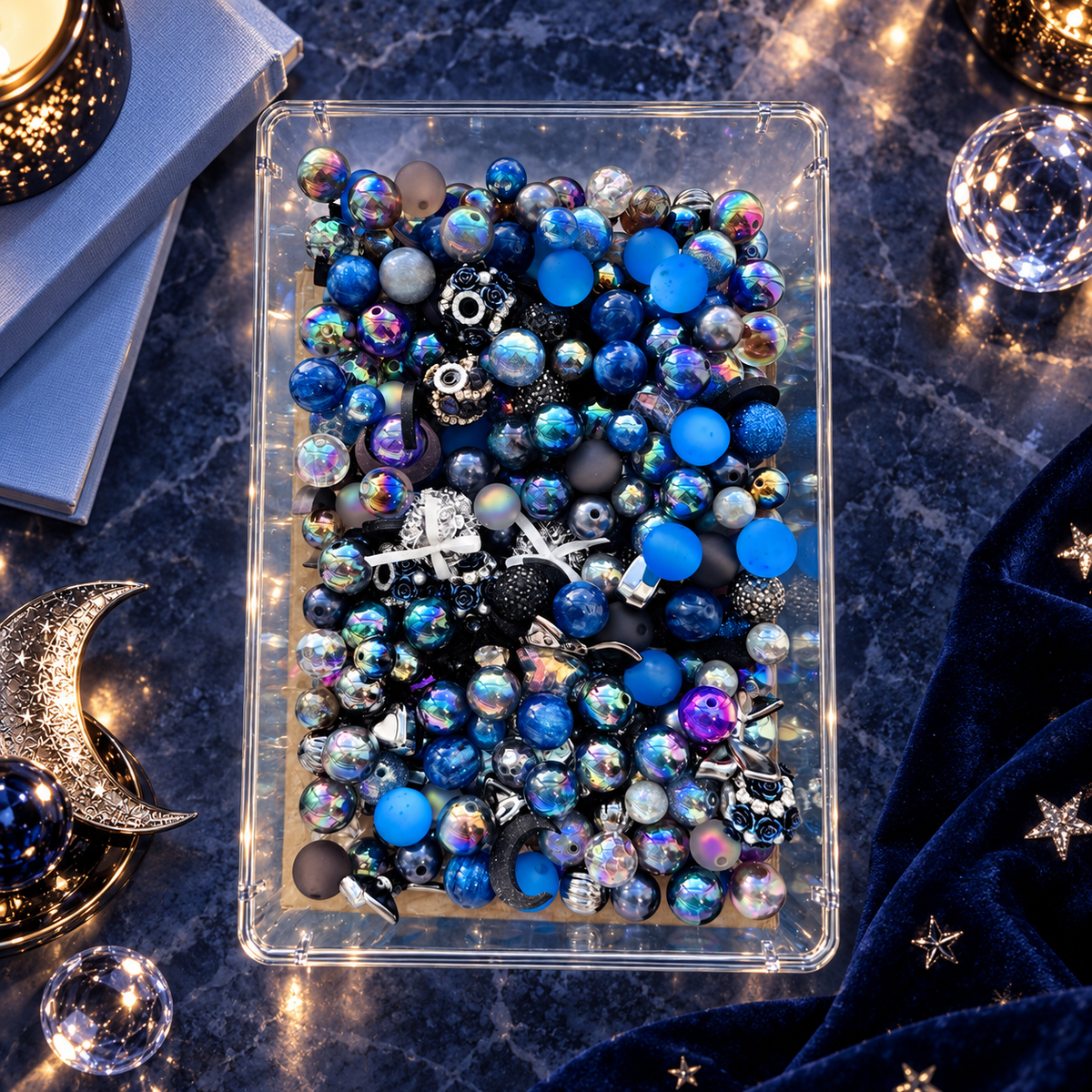 Overhead view of Midnight Moonlight bead mix with deep blue, black, silver and rainbow-iridescent beads, textured focal pieces, bows and celestial accents in a clear tray.