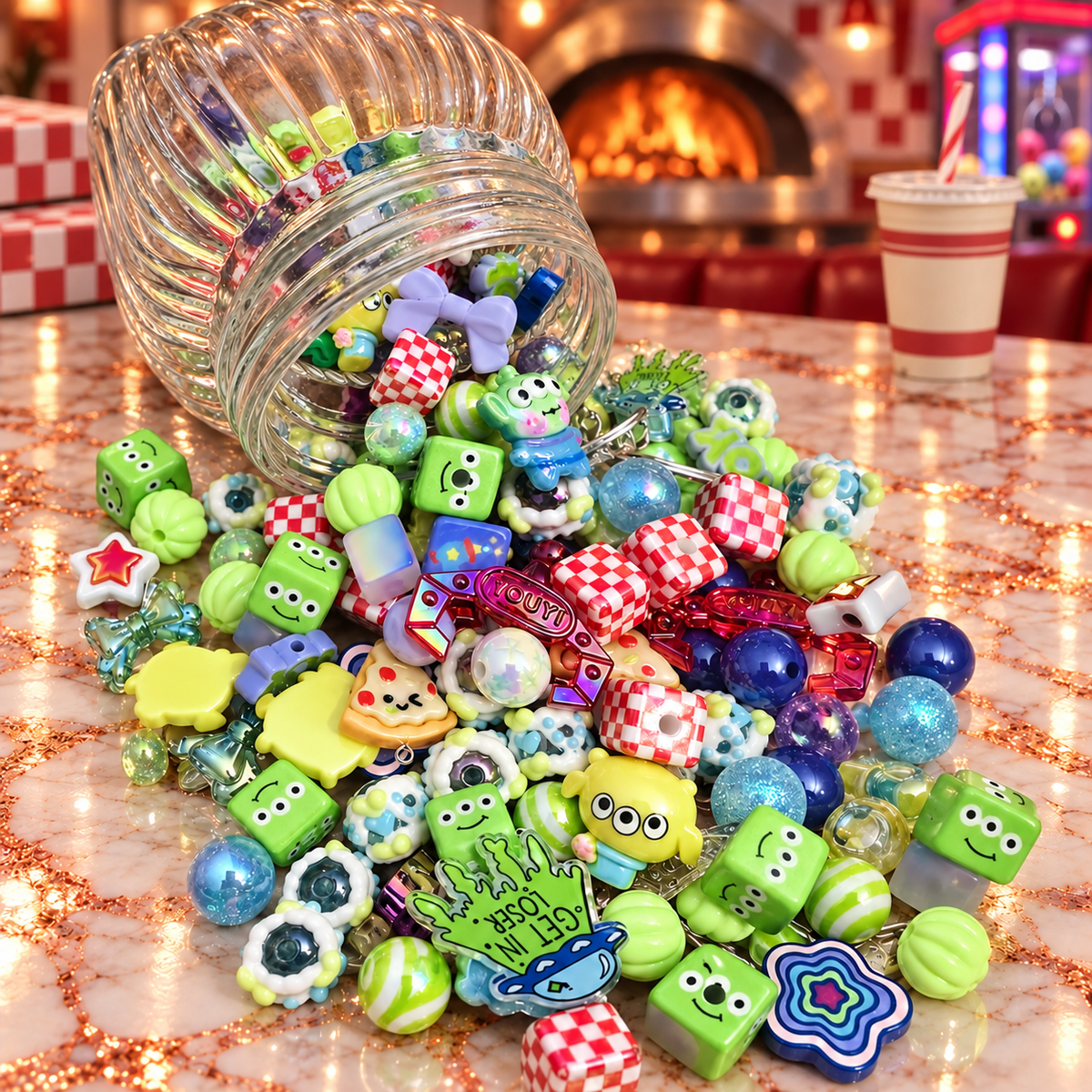Overhead view of Pizza Planet bead mix in a clear tray featuring green three-eyed alien-inspired characters, smiling green cubes, blue and aqua round beads, red-and-white checkerboard cubes, stars, striped beads and colorful novelty focal pieces beside pizza-parlor accents.
