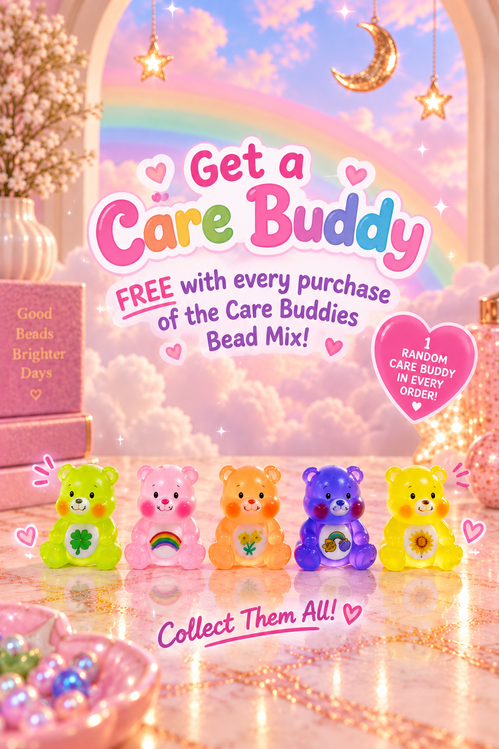Colorful Care Buddy bear figures displayed beneath a pastel rainbow with text announcing a free random Care Buddy with every Care Buddies Bead Mix purchase.