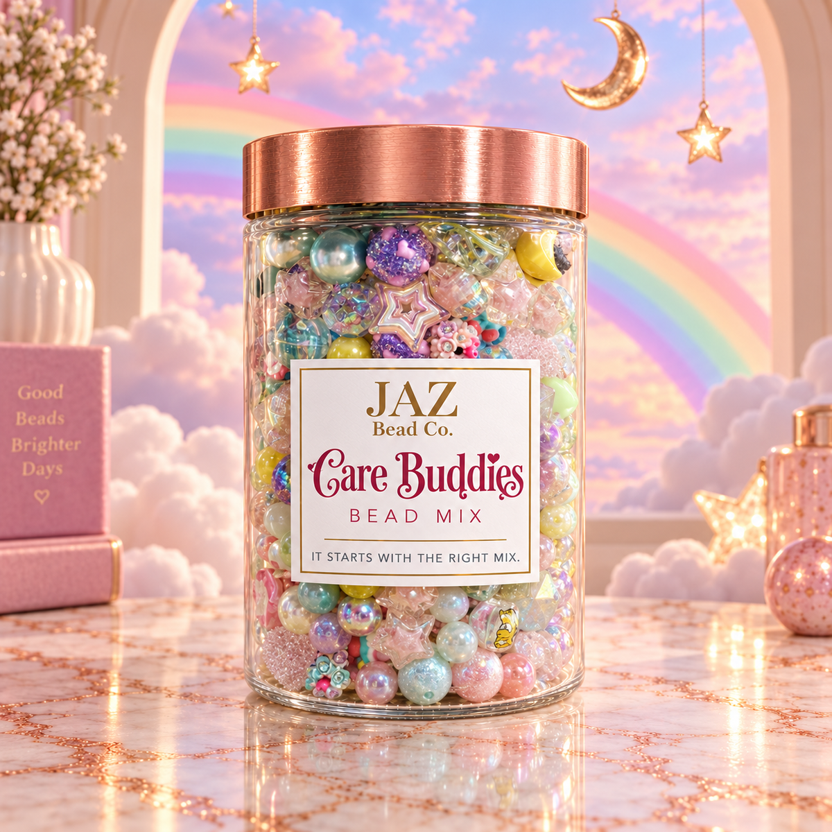 JAZ Bead Co. Care Buddies bead mix in a clear jar with a rose-gold lid, filled with pastel pink, aqua, mint, lavender, yellow, pearl and iridescent beads, displayed against a dreamy rainbow and cloud background.