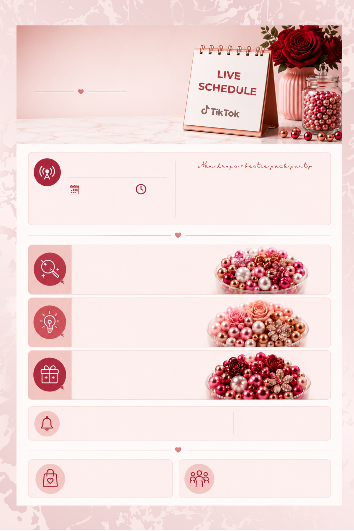 JAZ Bead Co. LIVE schedule page design with calendar, bead mixes and visual sections for upcoming TikTok LIVE events.